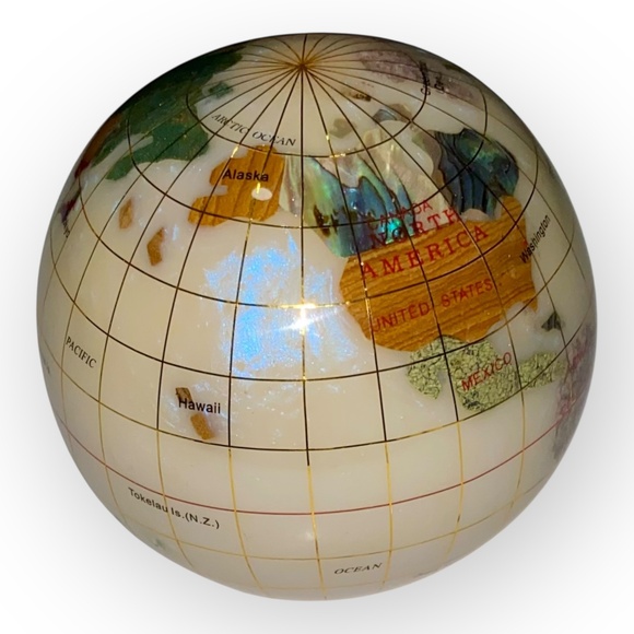 3” Gemstone Globe Paperweight with Opalite Ocean Semi-Precious Stone World Map - Picture 7 of 11